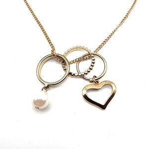 Faux Pearl Heart Charm Necklace Gold Tone Romantic Love Jewelry